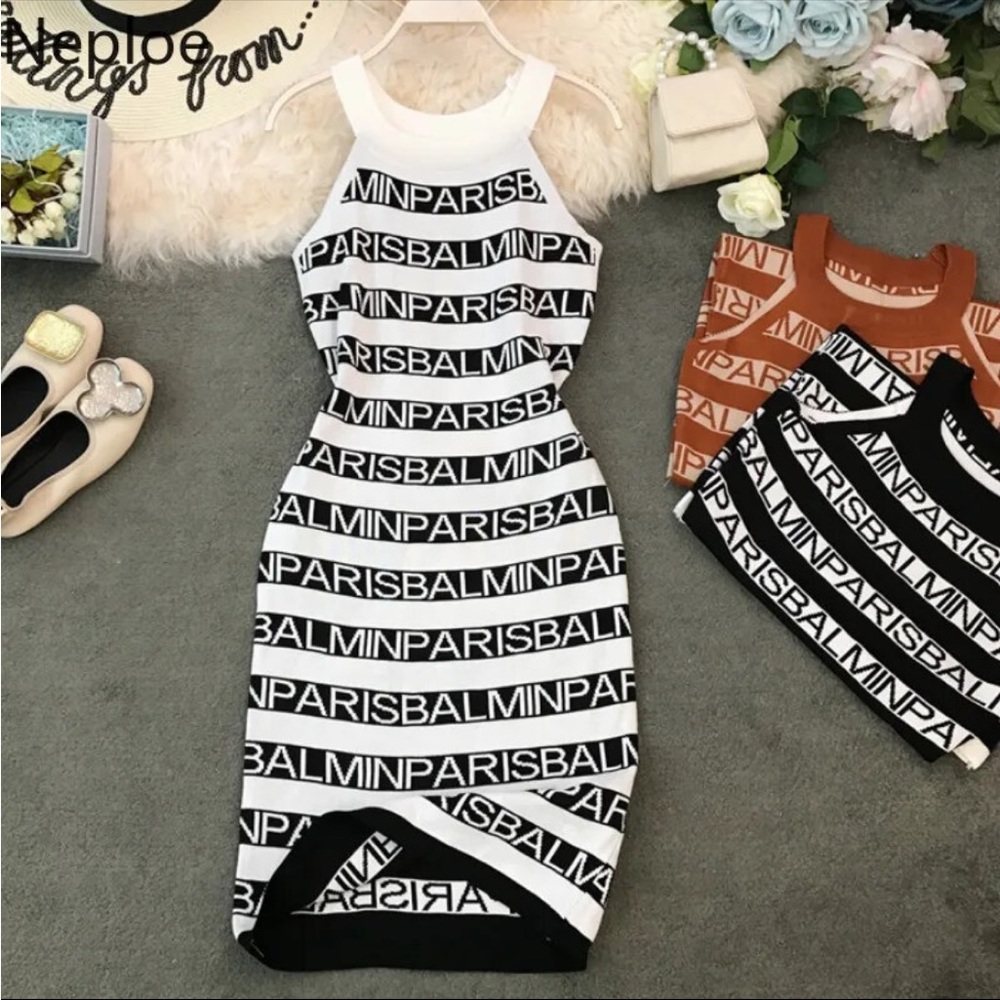 Stripe dress letter knit sexy slim dress Paris white black